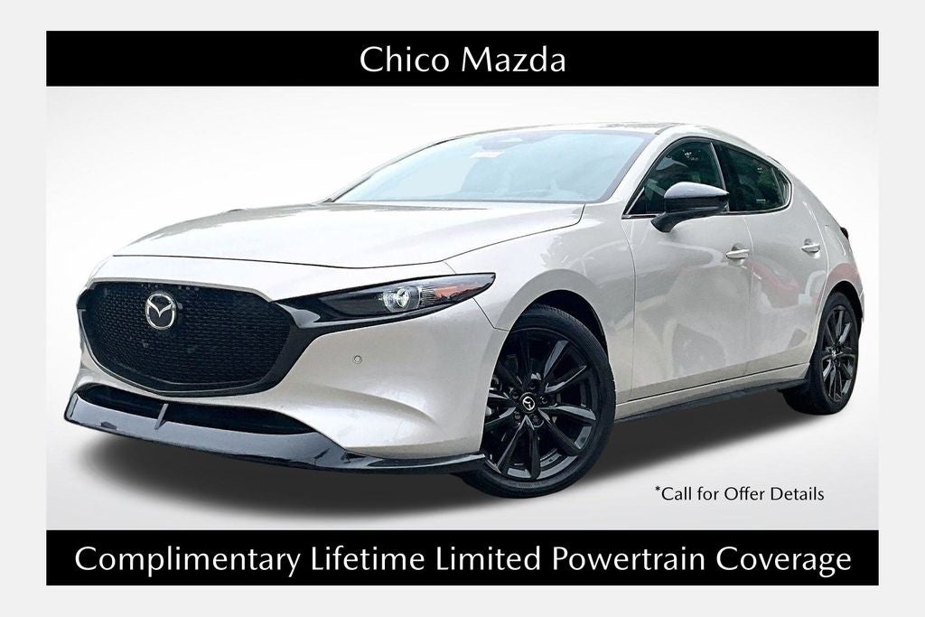 2026 Mazda Mazda3 Hatchback 2.5 Turbo Premium Plus AWD in Platinum Quartz Metallic — front three-quarter view